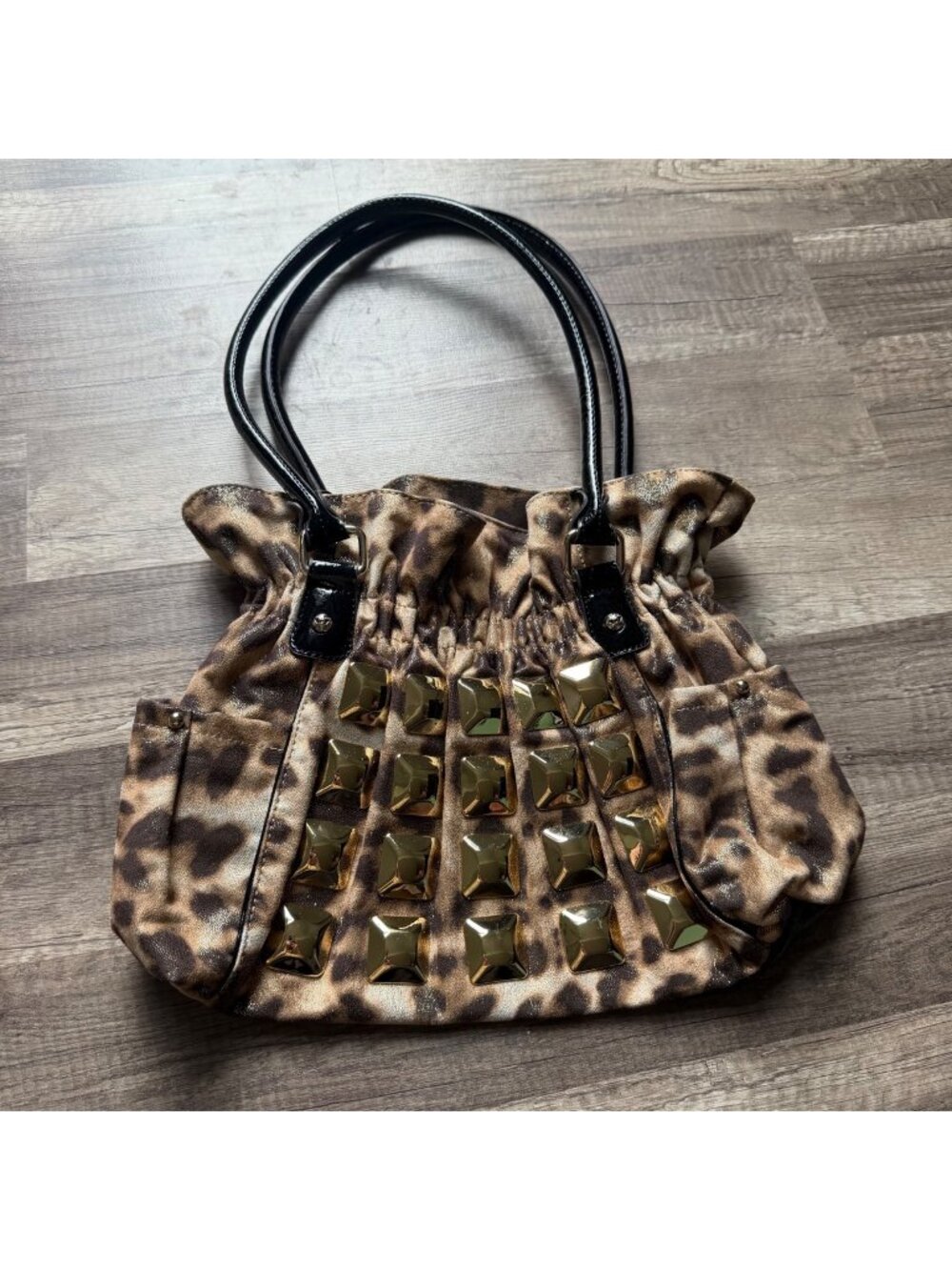 Kathy Van Zeeland Leopard Print Tote Bag W/ Gold Studs & Black Vinyl Trim Purple